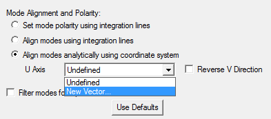 Waveport dialog, Mode Alignment and Polarity set to Align Modes analytically ussing coordinate system. U Axis set to New Vector.