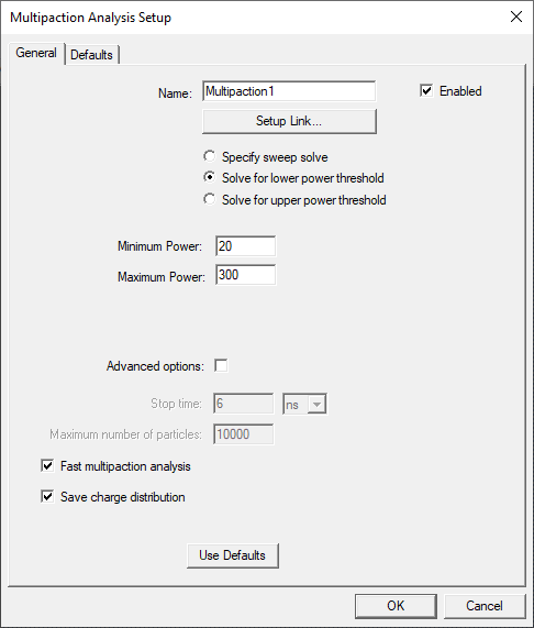 Multipaction Analysis Setup dialog, Gneeral tab.