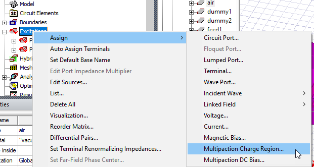 Excitation shortcut menu, Assign option expanded, Multipaction Charge Region option selected.