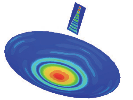 E-field plot overlay in the FE-BI region assigned to the horn and a J-field plot  overlay on the PO region assigned to the reflector dish