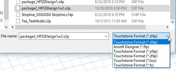 File browser window, file type set to Touchstone Format.
