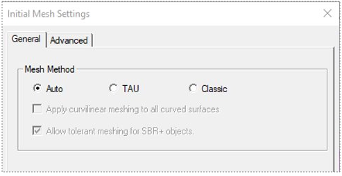Initial Mesh Settings dialog. General tab. Mesh Method groupbox, Auto selected.