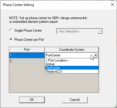 Phase Center Setting dialog. Coordinate system for port one set to PortCenter.