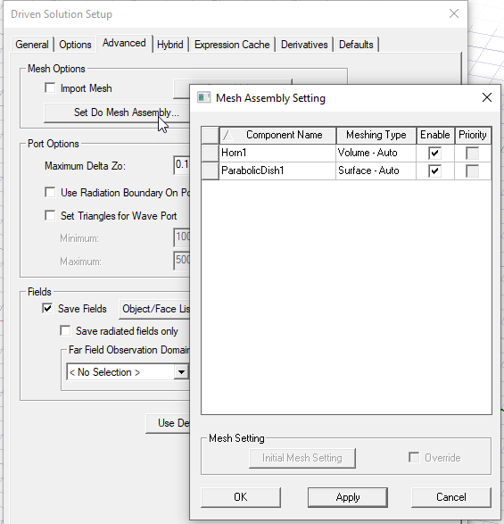 Mesh Assembly Setting dialog.