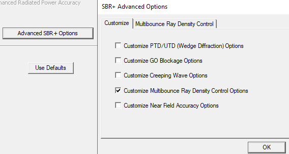 Advanced SBR+ Options, Customize Multibounce Ray Density Control Options enabled.