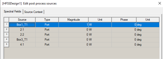Edit post process sources dialog, Spectra Fields tab