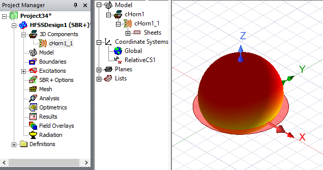 Project Manager panel. Antenna1_1 selected. Properties panel.