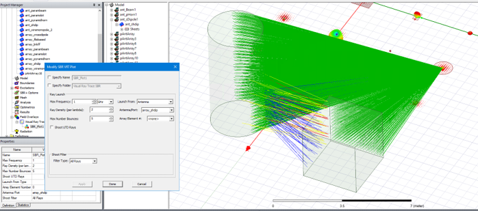 AEDT window showing SBR Rays in modeler window.