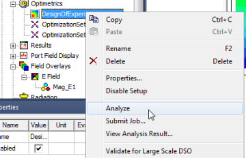 Design of Experiement shortcut menu, Analyze option highlgihted.