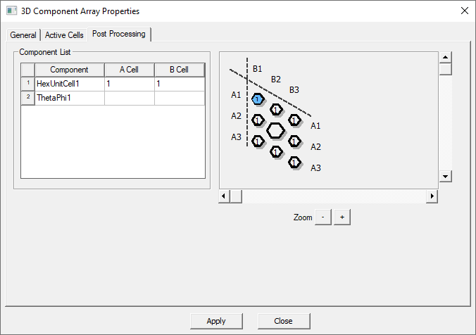 Regular Array Properties dialog, Post Processing Cell tab.