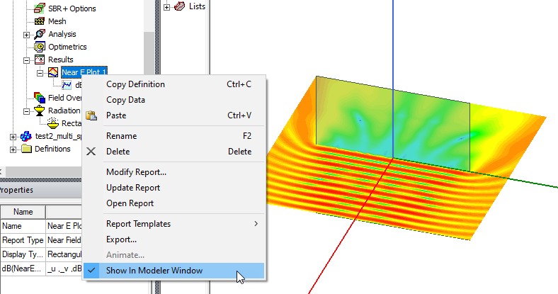 Results folder expanded, Show in Modeler Window option selected. Near E Plot overlayed on model.