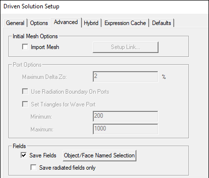 Driven Solution Setup dialog, Advanced tab.
