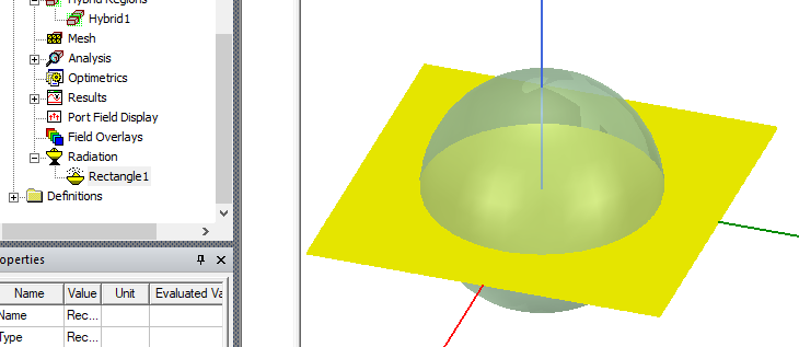 Sphere model, rectangle radiation field overlay.
