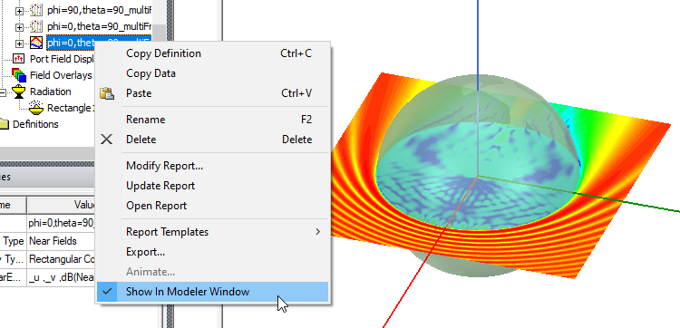 Shortcut menu, Show in Modeler Window option highlighted. 3D Model of a Sphere with Field overlay.