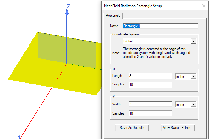 Near Field Radiation Rectangle Setup dialog.