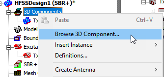 3D Components right0click menu. Browse 3D Component option highlighted.
