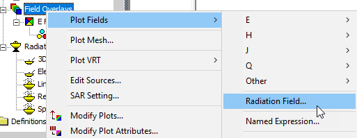 Shortcut menu, Plot Fields expanded, Radiation Field... selected.