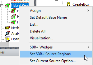 Hybrid Region shortcut menu, Set SBR+ Source Regions option highlighted.