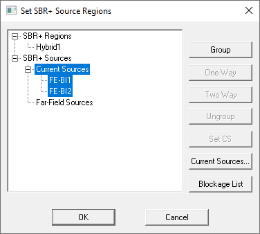 Set SBR+ Source Regions dialog, Current Sources highlighted.