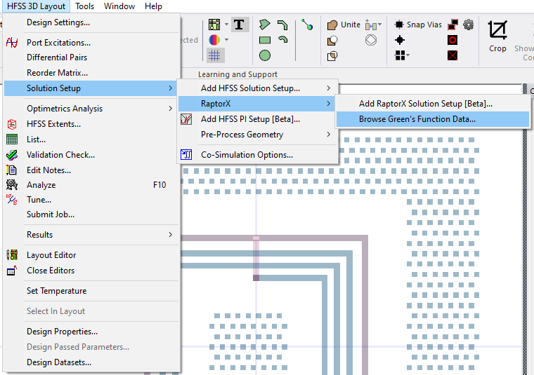 HFSS 3D Layout > Solution Setup > RaptorX > Browse Green's Function Data