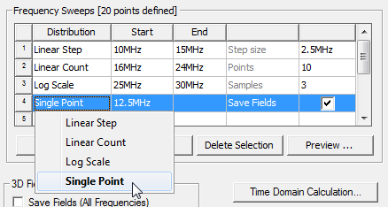 Frequency Sweeps groupbox, Distribution options listed, Single Point selected.