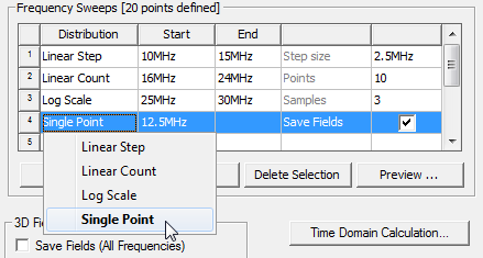 Frequency Sweeps groupbox. Distribution Options listed.