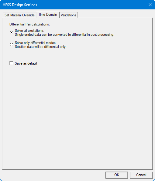 HFSS Design Settings dialog. Transient tab. Differential Pair Calculation set to Solve all excitations.