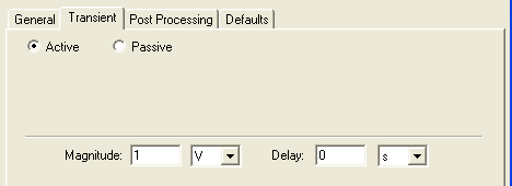Transient Tab. Active selected, Magnitude and Delaty fields defined.