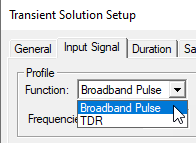 Transient SOlution Setup dialog. Input Pulse tab. Function drop down menu expanded.