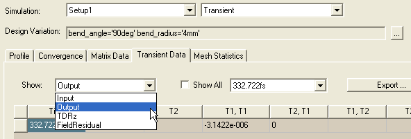 Solution Data dialog, Simulation set to Transient. Transient Data tab, Show set to Output.