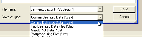 Save As Type drop=down menu expanded. *.csv selected.
