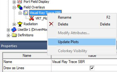 Visual Ray Trace SRB shortcut menu, Update Plots option highlighted.