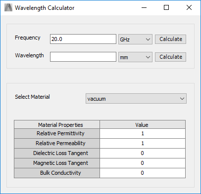 Wavelength Calculator dialog.