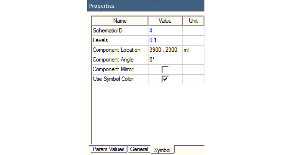 Symbol tab of the Properties window shows the schematic ID