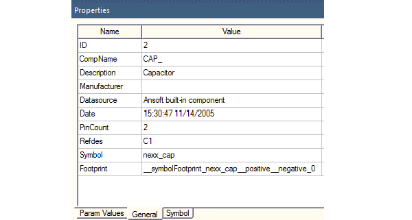 The General tab of the Properties window displaying object's component name and ID