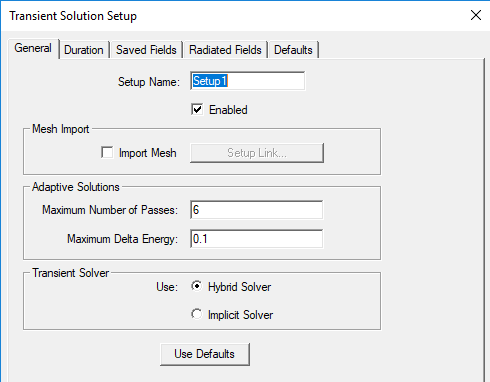 View of the Transient Solution Setup window with the transient solver set to Hybrid