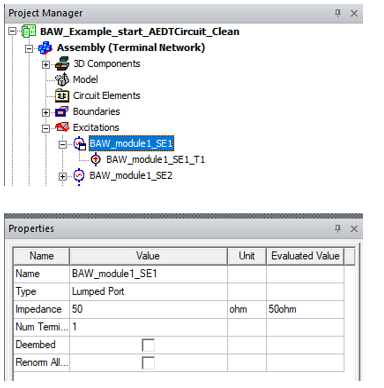 An excitation highlighted in the Project Manager displays its properties in the Properties window