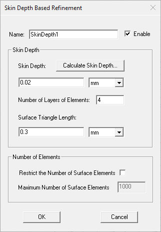 View of the Skin Depth Based Refinement dialog box